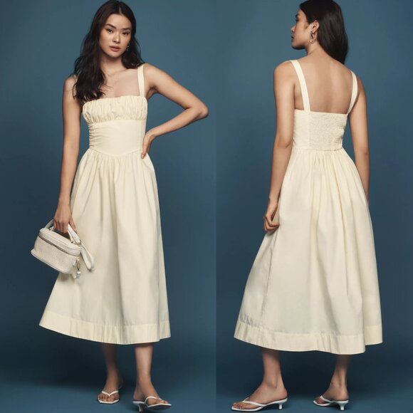 By Anthropologie Drop-Waist Ruched Midi Dress XL yellow new with tag - Picture 3 of 7